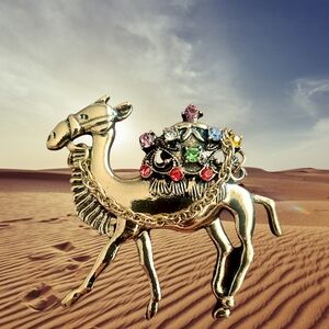 Gold Camel Brooch with Multicolor Gemstones